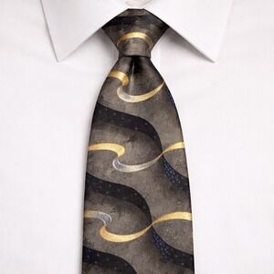 Vintage Villa Bugatti‎ 100% Silk Tie USA Gray Abstract Art Deco Wide 90s Necktie
